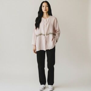 Nooshin Femme Tunic Blouse Women Size M Pink Linen Blend Floral Embroidered Mesh